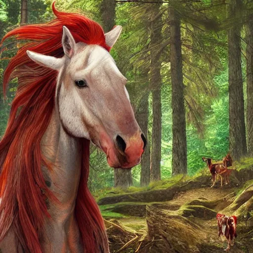 Image similar to a half - man, half - horse with a big red beard in a forest fantasy art, highly detailed