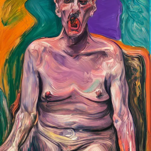 Prompt: high quality high detail expressionist painting of a man in agony by lucian freud and jenny saville and francis bacon and francisco goya and edvard munch, hd, anxiety, seated at table crying and screaming, turquoise and purple and orange and pink