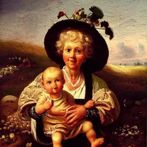 Prompt: the mother was great. she made even the giants look small. the giants were great. thou art tiny, like a little doll. dutch oil painting, extremely high quality