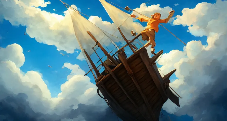 Image similar to a boy being thrown off of a large wooden fantasy sky - ship with horizontal sails flying through the clouds with blue sky, andreas rocha style