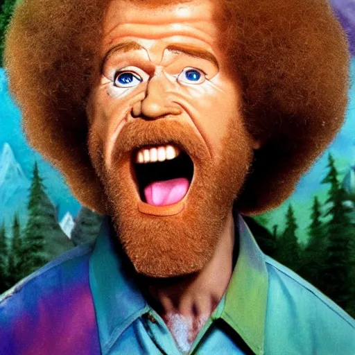 Image similar to bob ross screaming in mouth of bob ross screaming on a bad acid trip