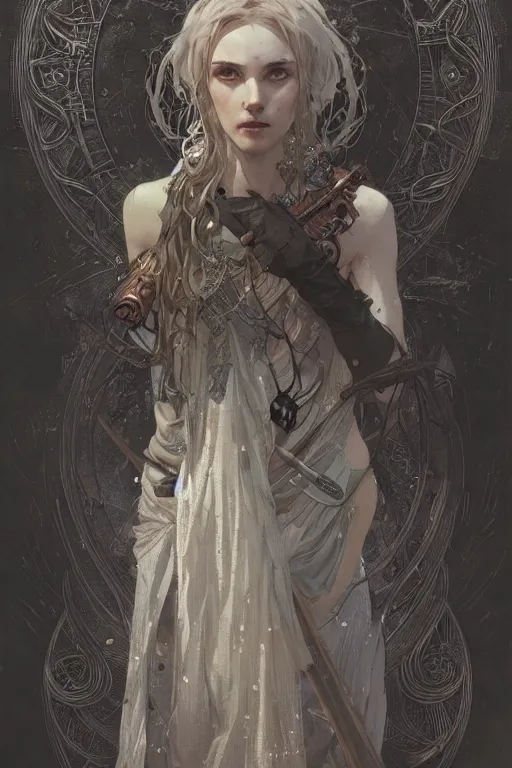 Prompt: A full portrait of a beautiful post apocalyptic celtic mage, intricate, elegant, highly detailed, digital painting, artstation, concept art, smooth, sharp focus, illustration, art by Krenz Cushart and Artem Demura and alphonse mucha