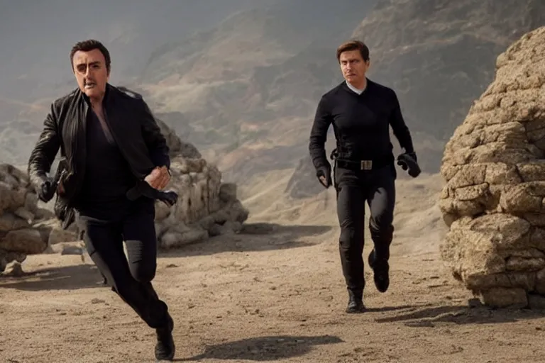 Prompt: a film still of Peter Serafinowicz in Mission: Impossible IX, high quality