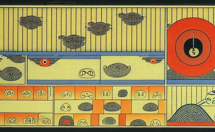 Image similar to business dashboard with time series charts, pie plots and other modern graphics, with small creatures with many eyes. diego rivera ( with slight ukiyo - e influence ). ravi supa.