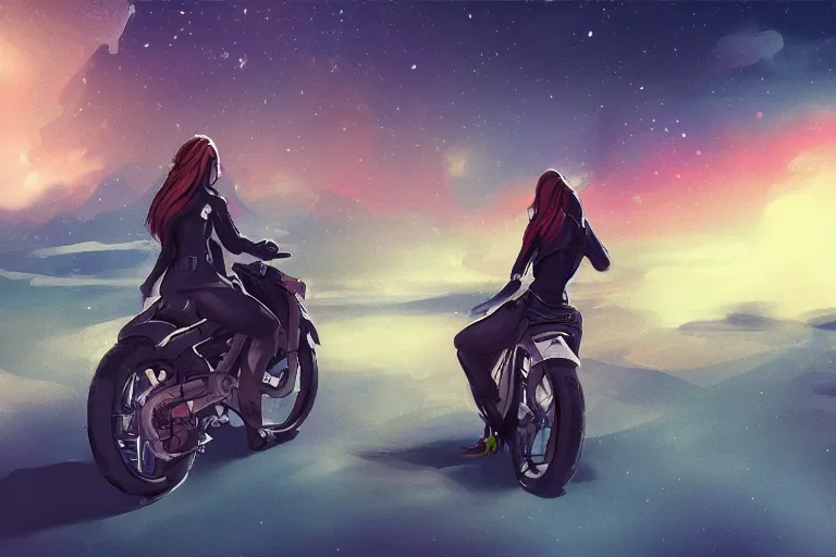 Image similar to a girl is riding a motorbike, digital painting, artstation, the space background,concept art, illustration,