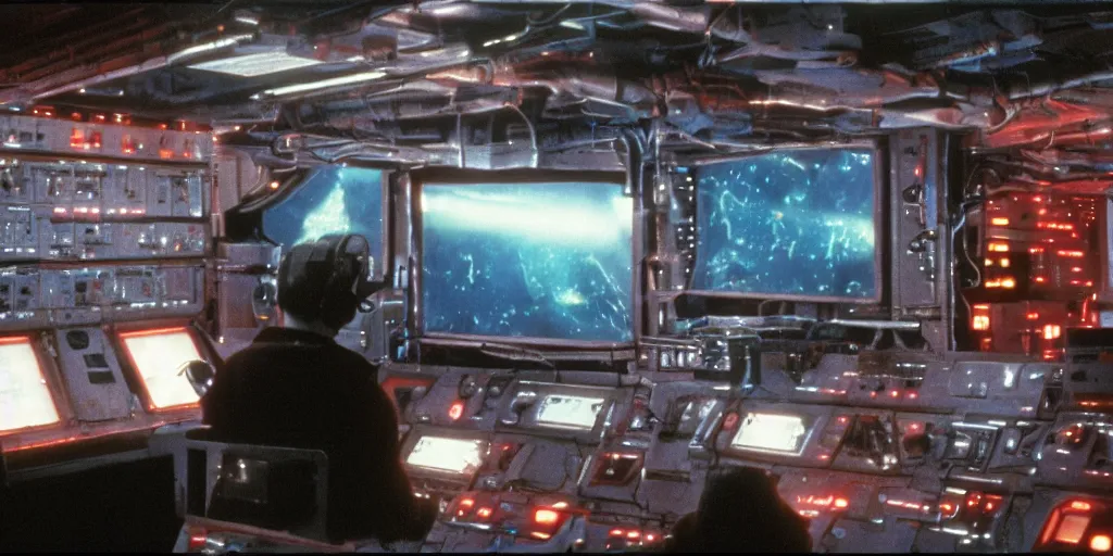 Image similar to colored film still of a machinery control room on a space ship freighter, ridley scott movie, 1 9 8 0 s sci - fi, claustrophobic, long tube, hardware, screens, controls,