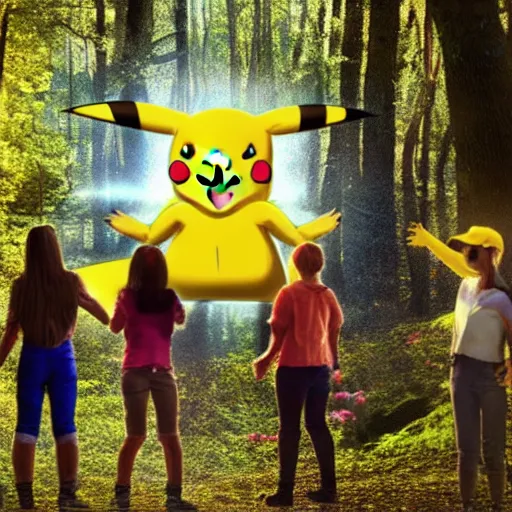 Image similar to group of people worshipping pikachu in the forest, 4 k