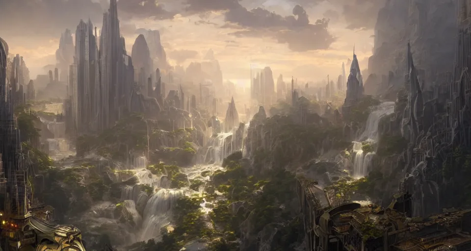 Image similar to a matte painting of beautiful religious science fiction city, with waterfalls, 8 k, cinematic lighting, hd, atmospheric, hyperdetailed, trending on artstation, deviantart, digital painting, concept art smooth sharp focus illustration, art by artgerm and paul chadeisson and greg rutkowski, sung choi and alphonse mucha