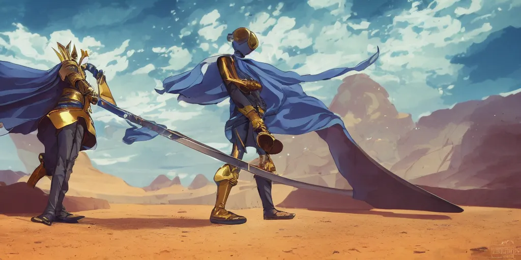 Image similar to blue knight holding a gold sword, green hatchback car screen left, low wide angle, anime, desert landscape, greg rutkowski, Murata, one punch man manga, cinematic, digital art, hyper realistic