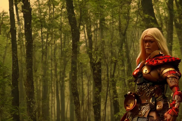 Image similar to vfx movie scene closeup nomad cyborg warrior viking geisha in a smoldering forest. by emmanuel lubezki