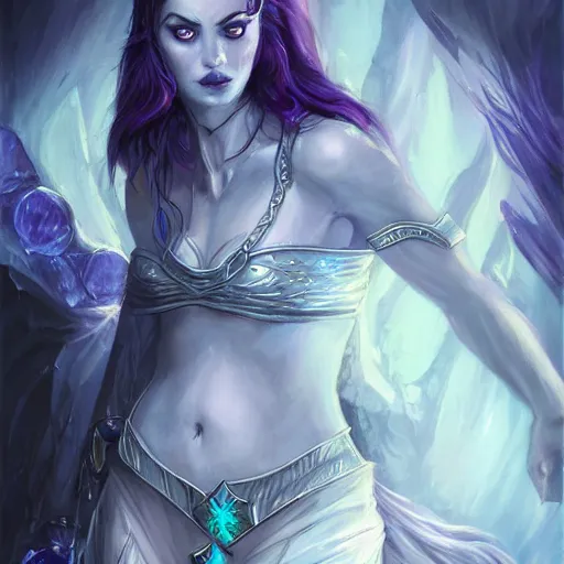 Image similar to Ice Sorceress, arrogant, Magic the Gathering, fantasy, portrait, highly detailed, digital painting, artstation, concept art, sharp focus, illustration, art by artgerm and livia prima and magali villeneuve, blue white and purple color scheme