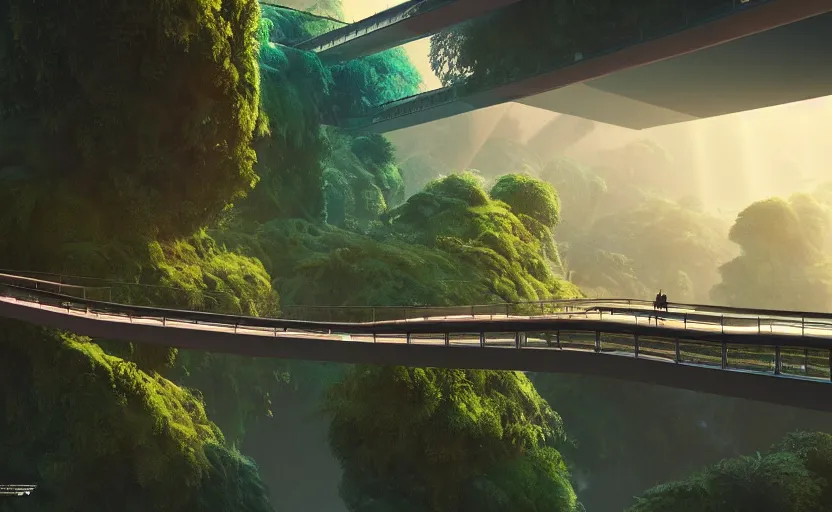 Prompt: incredible, mindblowing beautiful wide rainbow high - tech bridge, matte painting, artstation, solarpunk metropolis, cgsociety, dramatic lighting, vibrant greenery, concept art, octane render, arnold 3 d render