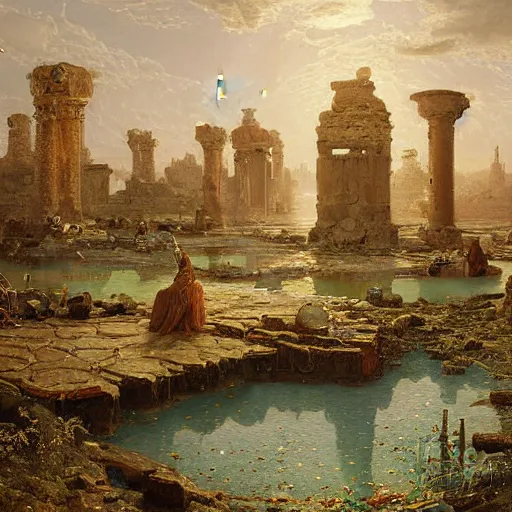 Image similar to detailed painting of a multiverse gateway in ancient mesopotamia in the middle of a sulphur lake, filigree ornaments, andreas achenbach, simon stalenhag