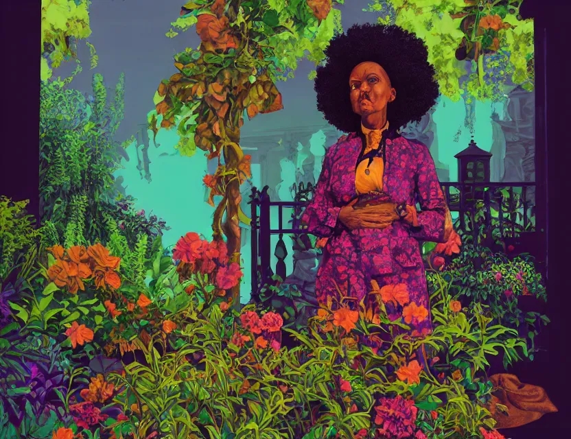 Prompt: black granny in steampunk vaporwave courtyard garden. complementary colors, gouache, indie concept art, bloom, chiaroscuro, backlighting, intricate details.