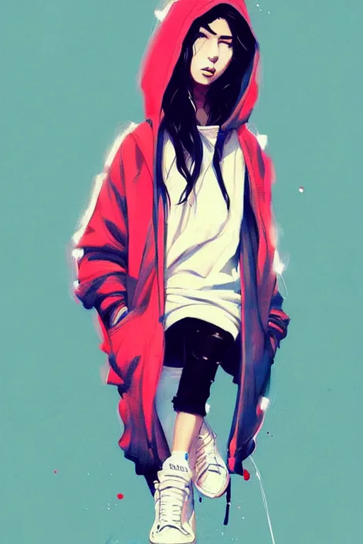 Image similar to a ultradetailed painting of a stylish girl in a oversized hoodie and sneakers by conrad roset, greg rutkowski and makoto shinkai trending on artstation