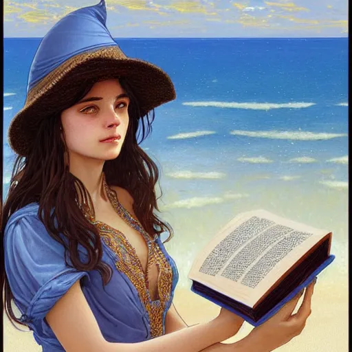 Prompt: portrait of a female wizard with brown hair wearing a blue wizard's hat and blue swimsuit holding a book at the beach, fantasy, intricate, elegant, highly detailed, digital painting, artstation, concept art, character art, smooth, sharp focus, illustration, art by greg rutkowski and alphonse mucha