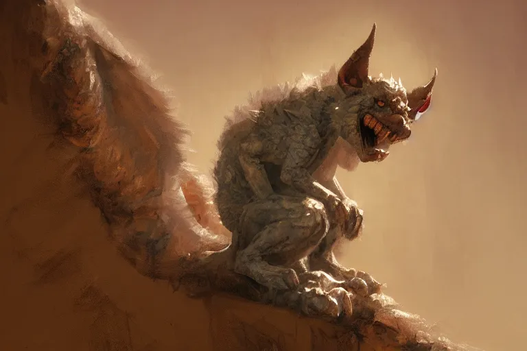 Image similar to A beautiful, safe, comfortable painting of a cute, fluffy gargoyle by Craig Mullins, dramatic lighting, extremely high detail, trending on artstation