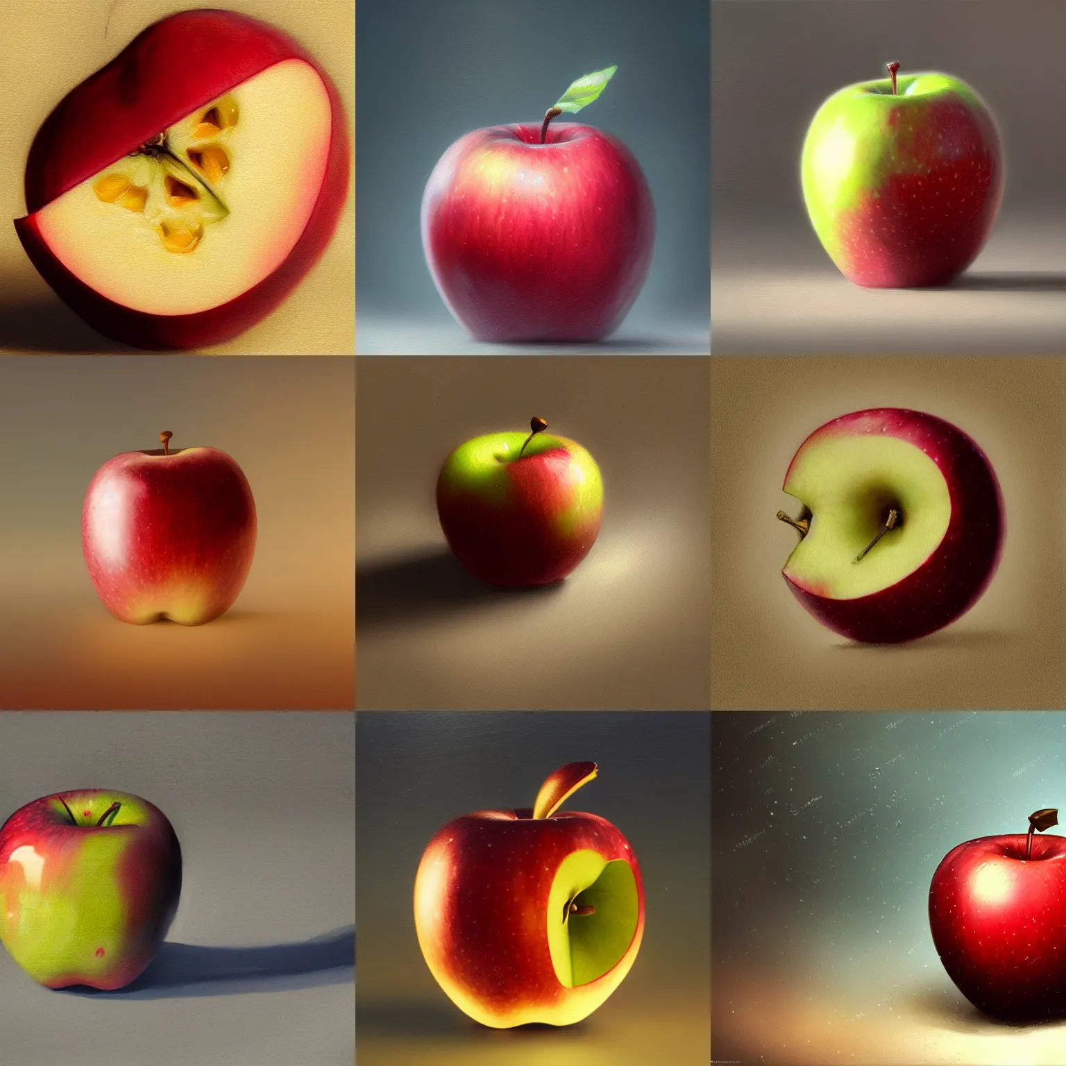 Prompt: beautiful aesthetic inspirational digital oil painting of a close - up apple, by greg rutkowski, ultra detailed, fine details, trending on artstation, volumetric light.