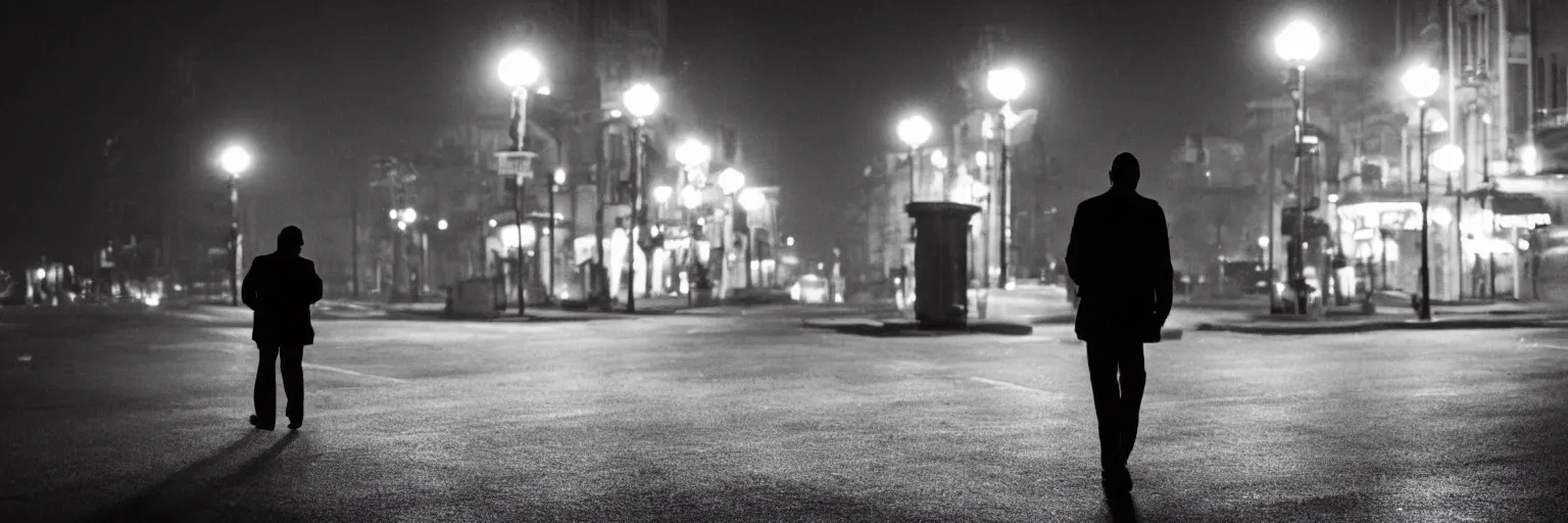 Image similar to a man walking at nightime, street lights, film noir