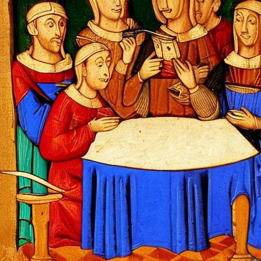 Prompt: Medieval painting of a group of friends sitting in a restaurant all watching their phones as the world is in flames around them