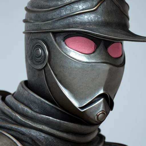 Image similar to 3 d octane rendering of marble and chrome statue of ninja wearing full face mask and hunter hat, technological, octane render