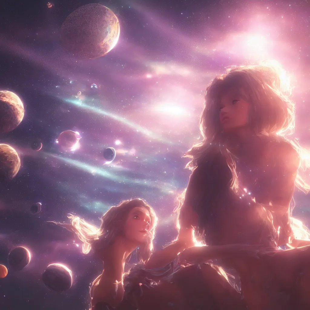 Prompt: the girl in the center looks at space, epic, volumetric light, hyperrealistic, glitter, mega detailed, beautiful composition, beautiful lighting, unreal render, 4 k