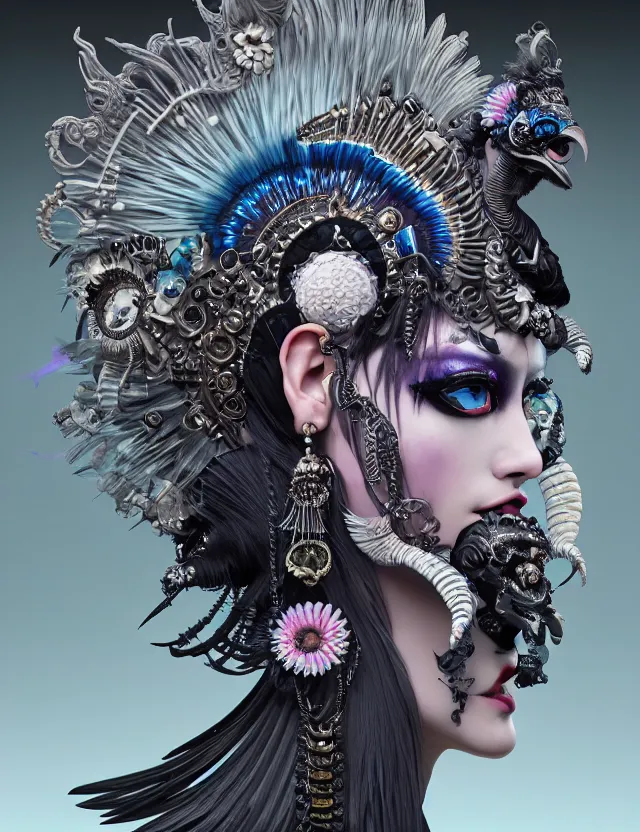 Image similar to 3 d goddess close - up profile portrait punk with mohawk in victorian style with ram skull. beautiful intricately detailed japanese crow kitsune mask and clasical japanese kimono. betta fish, jellyfish phoenix, bio luminescent, plasma, ice, water, wind, creature, artwork by tooth wu and wlop and beeple and greg rutkowski