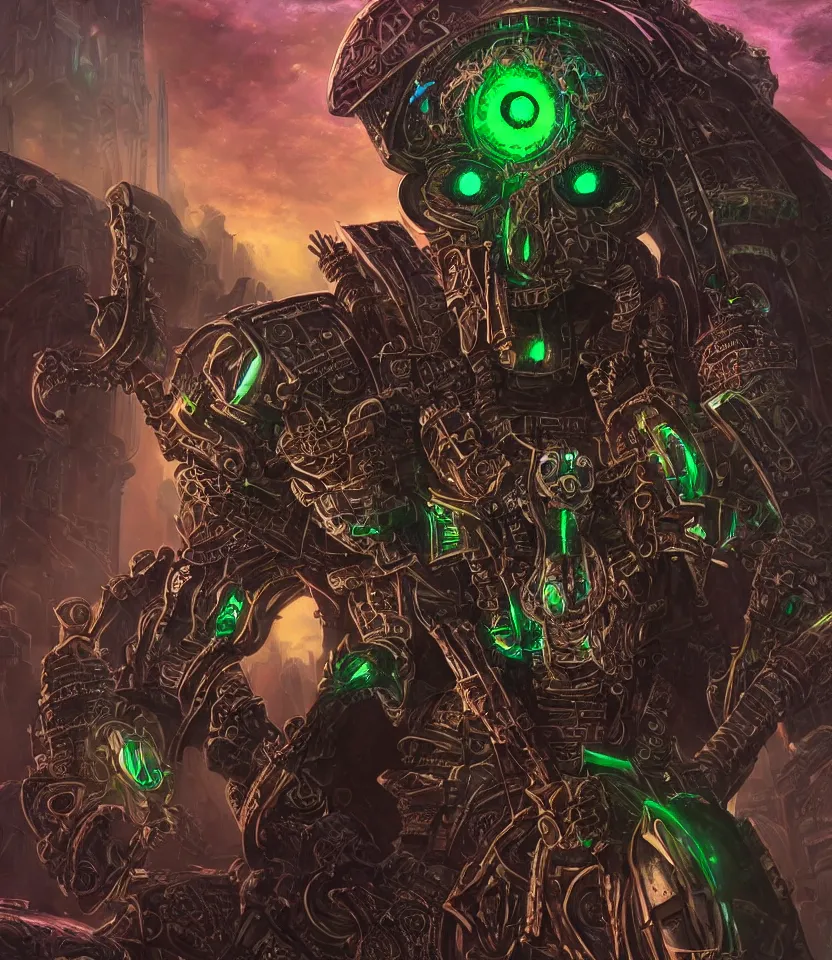 Prompt: beautiful portrait of necron lord, cheeky smile, glowing eyes, intricate details, colourful, atmospheric light, ominous ancient city on the background, dark fantasy, ultra realistic details, detailed face, artstation, illustration, one character, symmetrical, by arthur adams