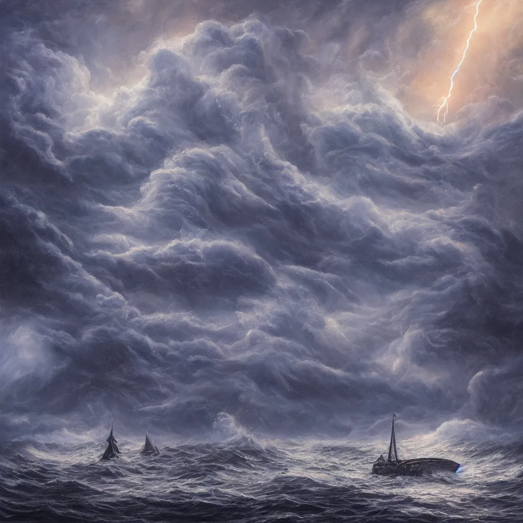 Image similar to a fantasy book style portrait of a giant squid, stormy sea, giant waves, lightning in the background, small boat, oil painting, 4 k