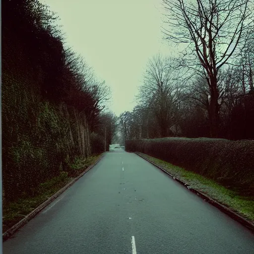 Prompt: Beautiful cameraphone, soft liminal Photograph of an estate road, early morning, estate-flat