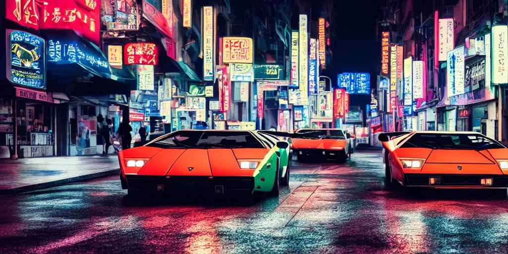 Image similar to photograph of two different coloured lamborghini countach parked in a rainy neo tokyo street at night with neon light signs illuminating the scene, sharp focus, highly detailed, ray tracing, cinematic, moody, hdr, 4 k, incredible detail