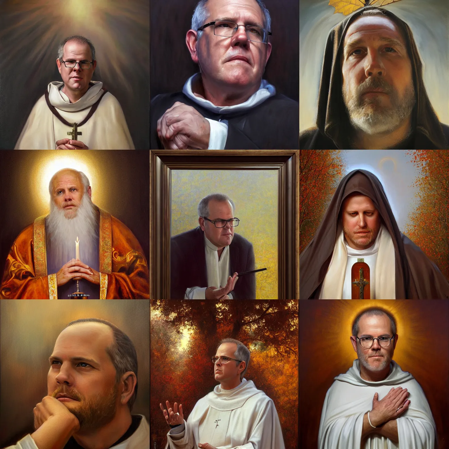 Prompt: stunning portrait of Scott Morrison preaching as a saint by Mark Arian, oil on canvas, masterpiece, realism, piercing gaze, autumn bokeh