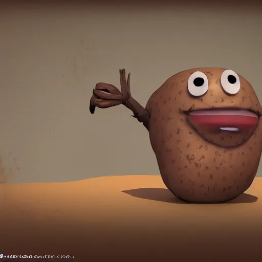 Prompt: the potato king appears before his subjects in all his glory, concept art, blender, googly eyes.