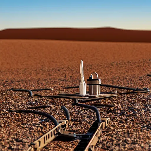 Image similar to mobile camoflaged rugged weather station sensor antenna on tank tracks, for monitoring the australian desert, XF IQ4, 150MP, 50mm, F1.4, ISO 200, 1/160s, dawn