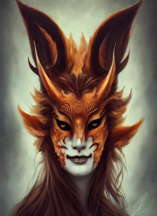 Prompt: a beautiful detailed oil on copper art illustration of a japanese namahage kitsune mask devil woman, centered, by charlie bowater, zeng fanzh, trending on artstation, dim dusk lighting, cinematic lighting, detailed lighting, volumetric lighting, realistic, f 8, 4 k hd wallpaper