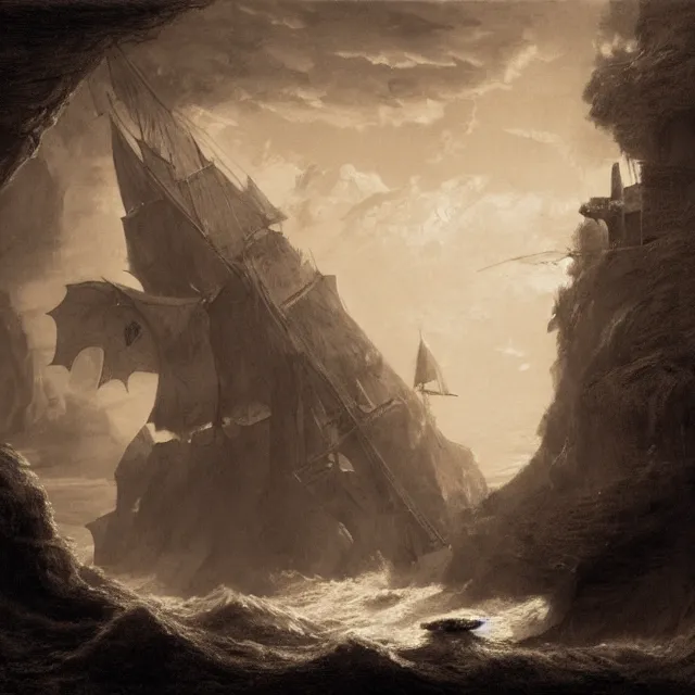 Image similar to photorealistic sepia painting of a pirate ship sailing in front of a tropical island cliff with the mouth of a grotto at the waterline, dark, brooding, atmospheric, lovecraft, by dave dorman