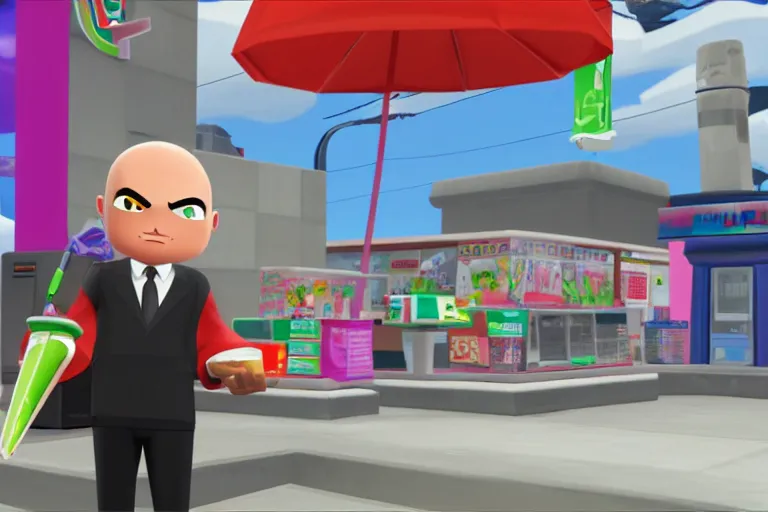 Prompt: agent 4 7 ordering a slurpee at 7 1 1, gamecube wind waker screenshot