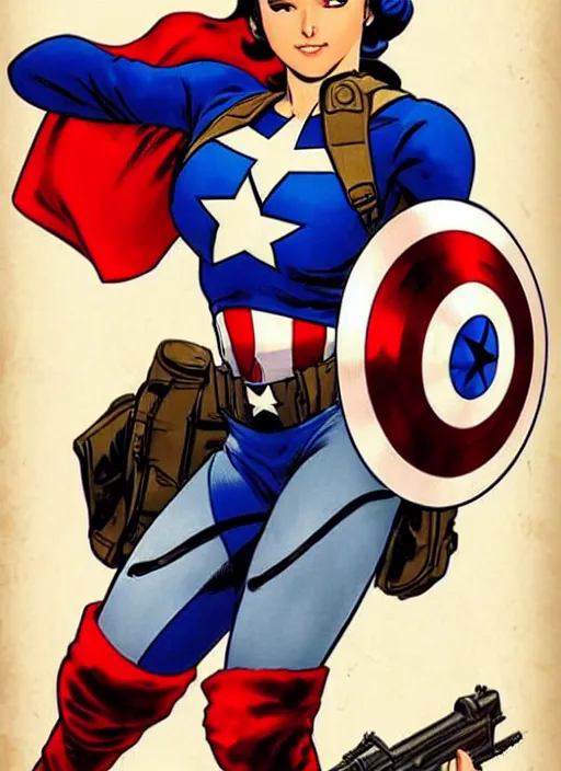 Prompt: syrian female captain america. feminist captain america wins wwii. american wwii propaganda poster by masamune shirow, rob liefeld and pixar. gorgeous face. pin up model. overwatch.