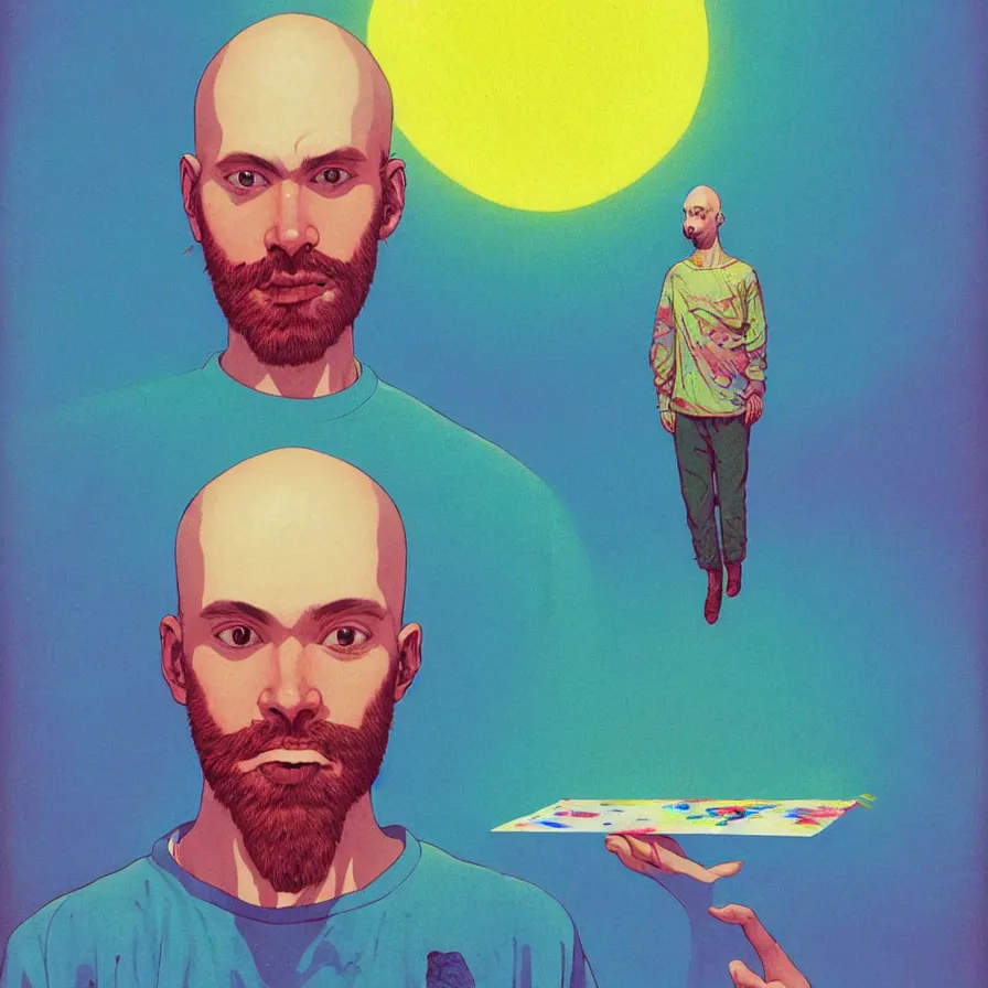 Prompt: a crazy portrait of one single young bald bearded man holding a colorful blotter paper of lsd acid and dreaming psychedelic hallucinations in the vast icy landscape of antarctica, by soul bass, kawase hasui, moebius and edward hopper, colorful flat surreal design, xray hd, 8 k, artstation