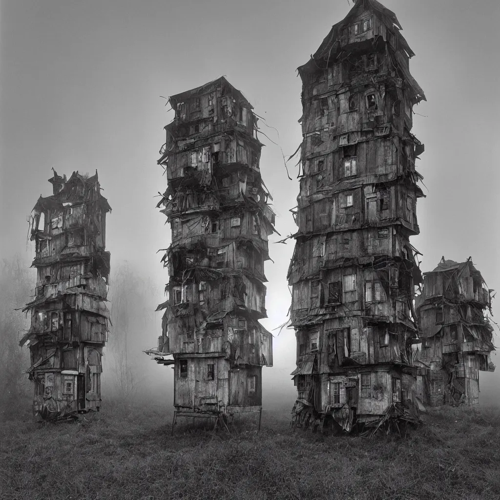 Prompt: two towers, made up of makeshift squatter shacks, misty, dystopia, mamiya rb 6 7, fully frontal view, very detailed, digital glitches, photographed by ansel adams