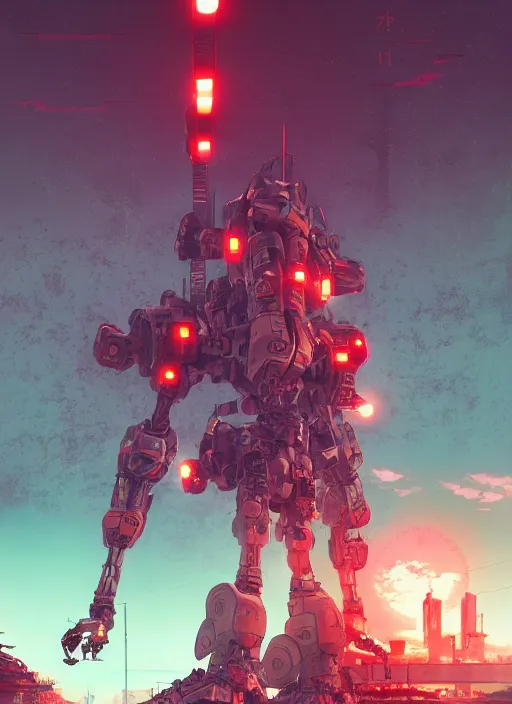Image similar to intricate digital artwork of a giant japanese anime war mecha by simon stalenhag, by nuthin'but mech, by kallamity sketchbook, inspired by metal gear solid, neon factory background, octane render, cgstation, 4 k resolution