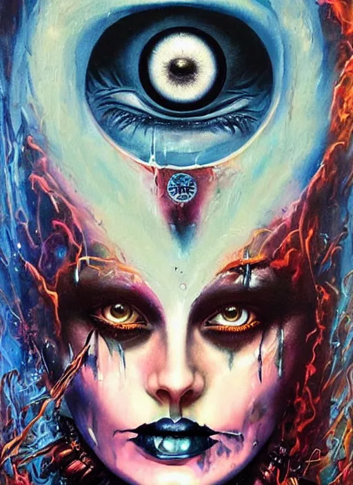 Image similar to gorgeous magic cult psychic woman, painted face, third eye, energetic consciousness psychedelic, epic surrealism expressionism symbolism, story telling, iconic, dark robed, oil painting, symmetrical face, dark myth mythos, by Sandra Chevrier , Bruce Pennington, masterpiece