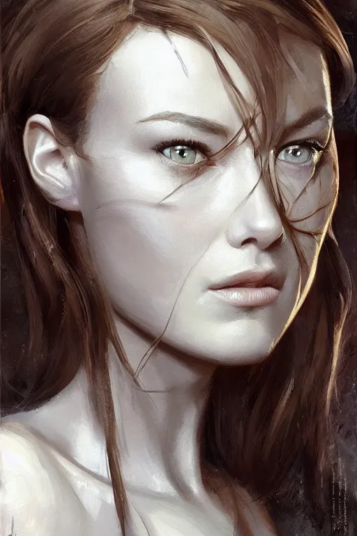 Image similar to a professional painting of a young Olivia Wilde, clothes in military armor, olive skin, long dark hair, beautiful bone structure, symmetrical facial features, intricate, elegant, digital painting, concept art, smooth, sharp focus, illustration, from StarCraft by Ruan Jia and Mandy Jurgens and Artgerm and William-Adolphe Bouguerea