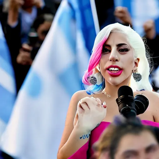 Image similar to Lady Gaga as president, Argentina presidential rally, Argentine flags behind, bokeh, giving a speech, detailed face, Argentina