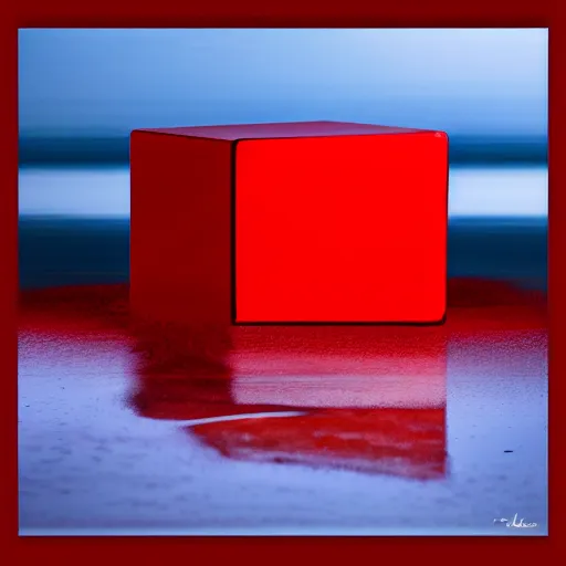 Prompt: a red cube reflected by water in a white room, professional photography, 4k lighting