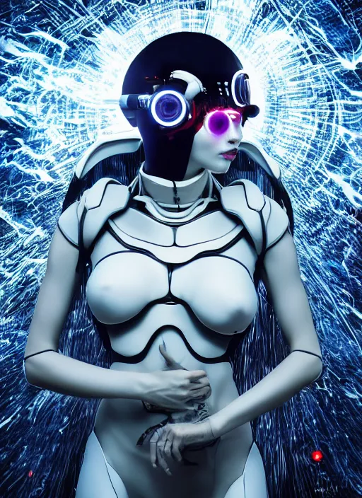 Image similar to portrait of a futuristic geisha cyborg walking in a digital storm with lens flairs, in the style of ghost in the shell, kintsugi, modern fine art, fractal, intricate, elegant, highly detailed, digital photography, subsurface scattering, by david la chapelle,