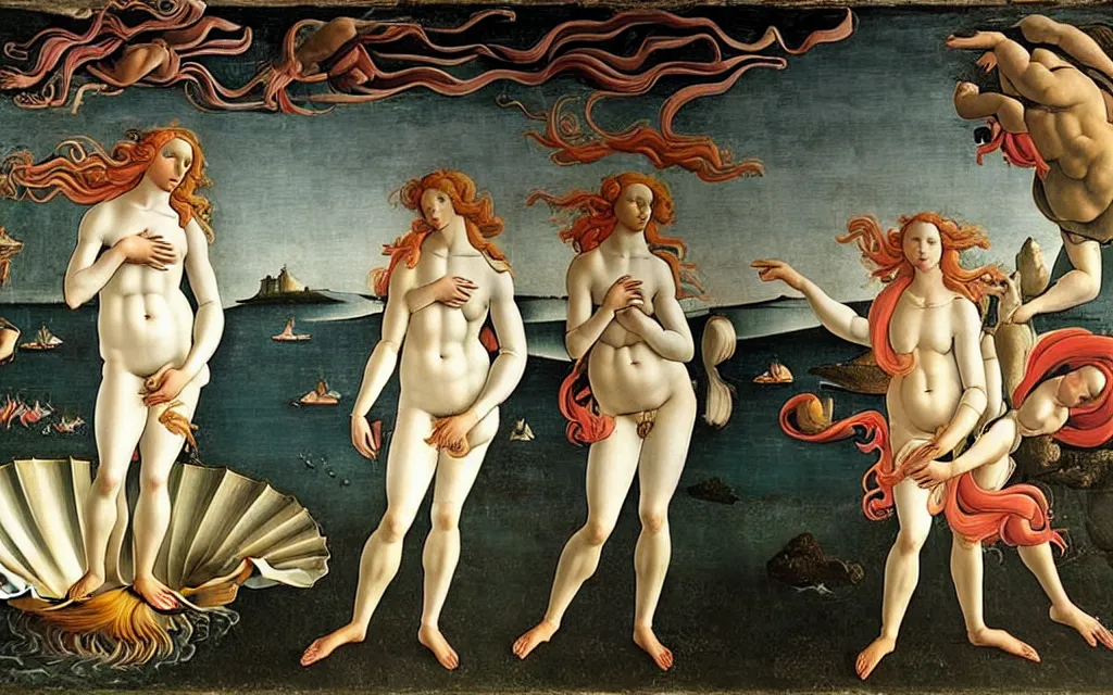 Prompt: sandro botticelli. very soft, delicate light. birth of venus but as a dancefloor in underground club. in the middle instead of a mussle is a little platform, people dancing around it. disco lights. fog. colorful and moody. sun is already rising. detailed brush strokes. 6 am.