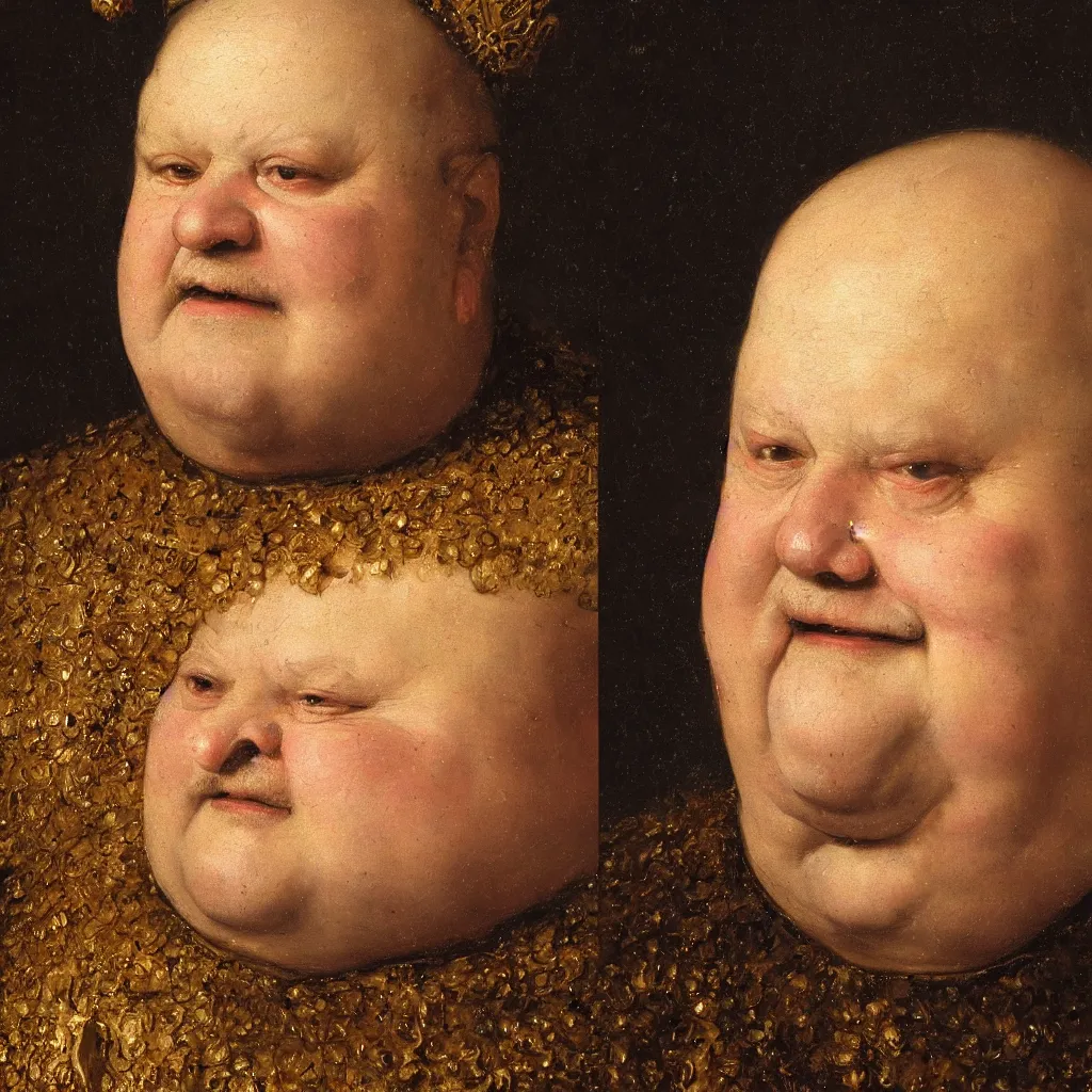 Prompt: high quality character portrait oil painting of a fat bald happy mid-aged king with golden crown by Rembrandt, middle close up shot