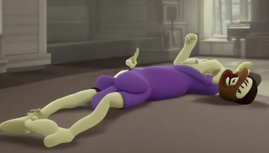 Image similar to still from a masterpiece moody A24 animation: Waluigi laying down while going to therapy