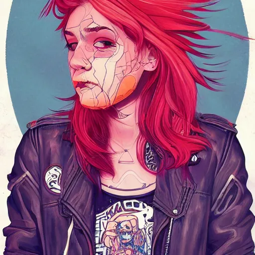 Image similar to portrait painting of a teenage girl with swept back wild orange hair and punk clothes, sharp focus, award - winning, trending on artstation, masterpiece, highly detailed, intricate. art by josan gonzales and moebius and deathburger